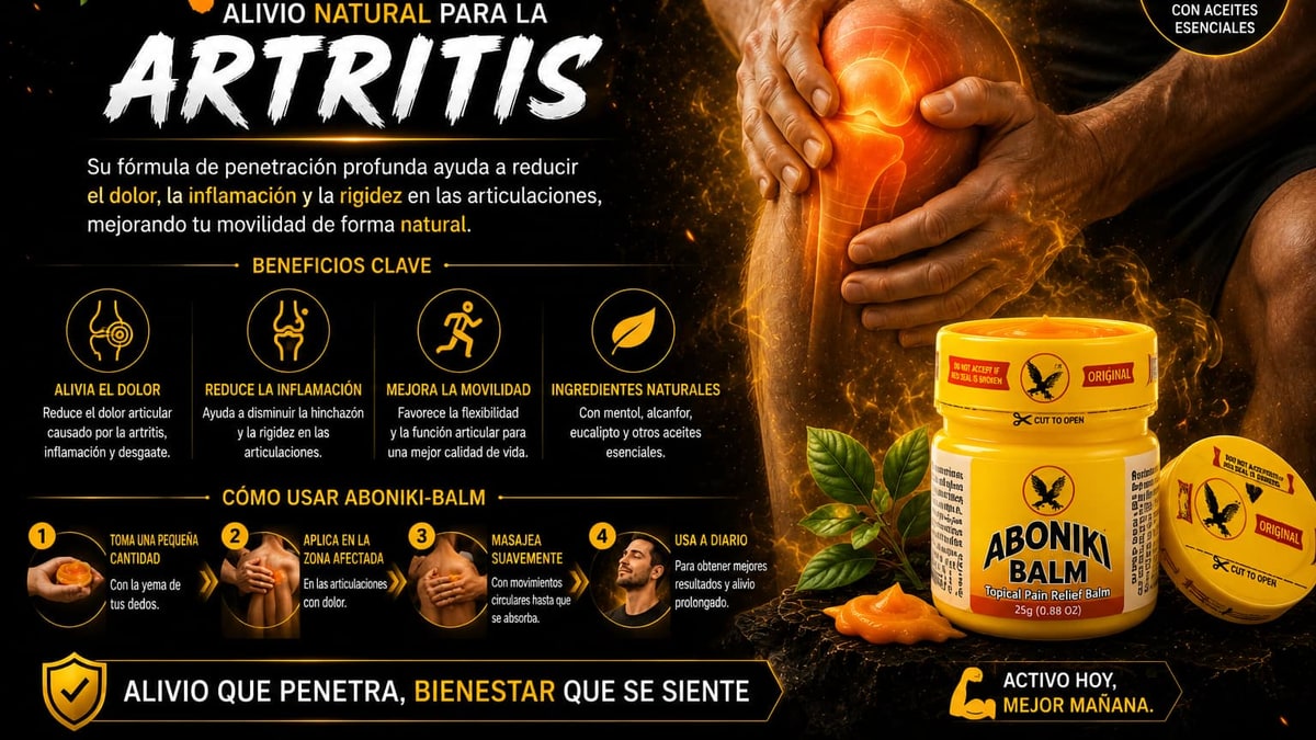 Manos mayores masajeando articulación dolorida con luz dorada cálida sobre fondo oscuro