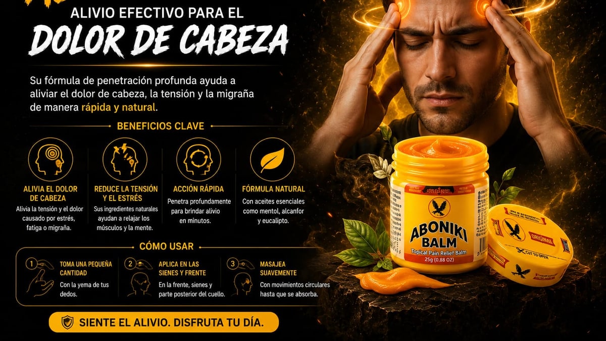 Persona aplicando bálsamo en sienes con luz dorada suave sobre fondo oscuro