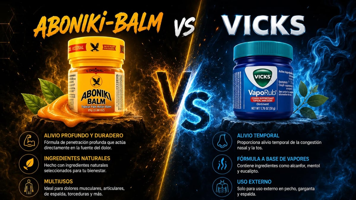 Bote de Aboniki Balm junto a un tarro de Vicks VapoRub sobre fondo oscuro con luz dorada