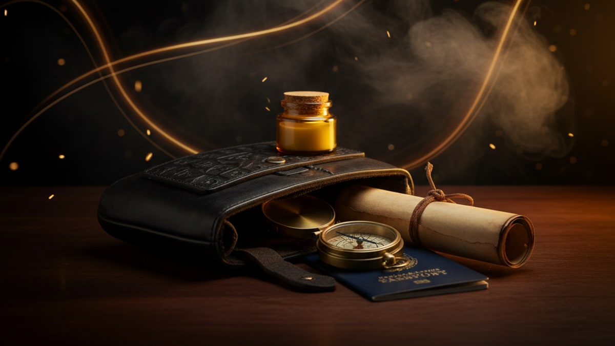 Neceser de viaje con bote de Aboniki Balm, brújula y pasaporte sobre madera con luz cálida