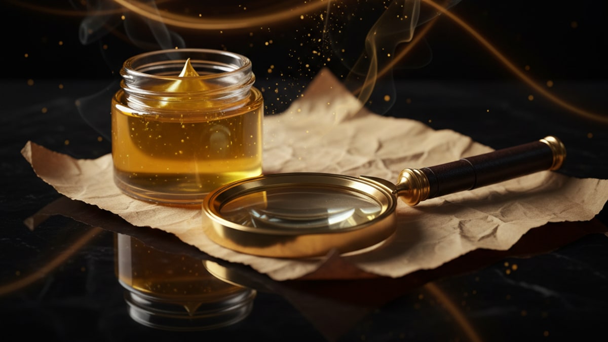 Bote de Aboniki Balm junto a lupa médica sobre fondo oscuro con luz dorada lateral
