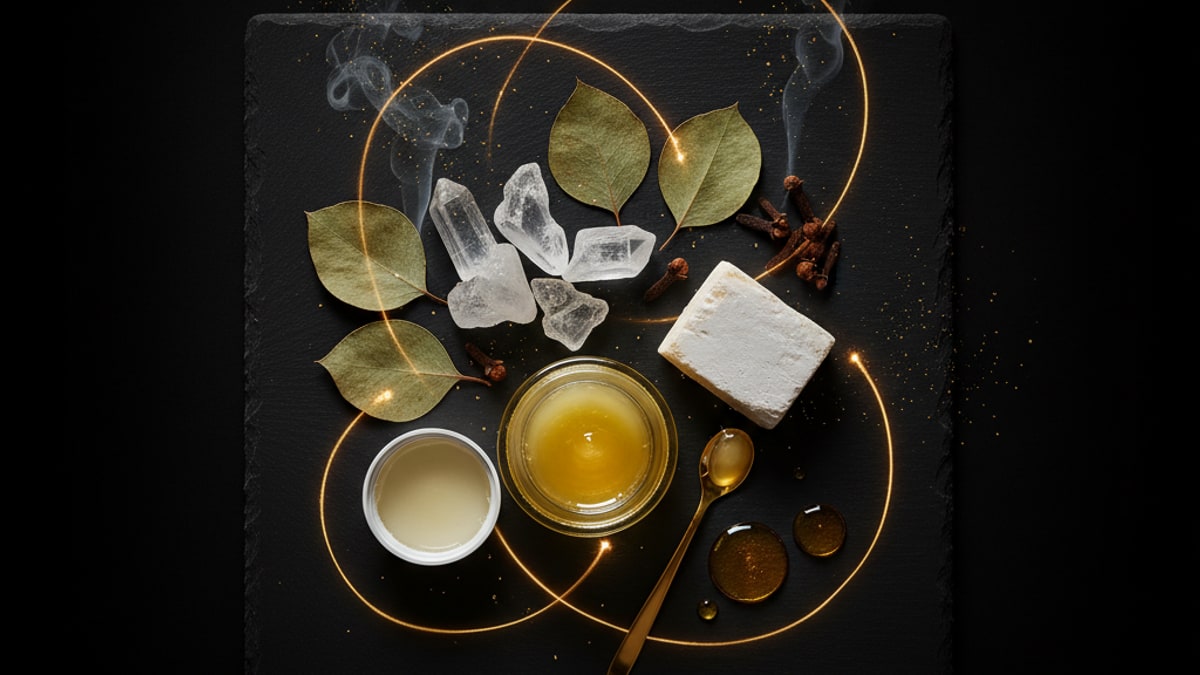 Flatlay de ingredientes del Aboniki Balm: mentol, eucalipto, alcanfor y aceites esenciales