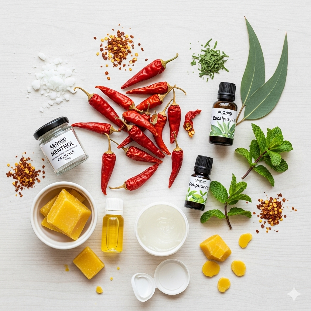 Ingredientes naturales de Aboniki Balm: mentol, alcanfor, aceites esenciales y especias